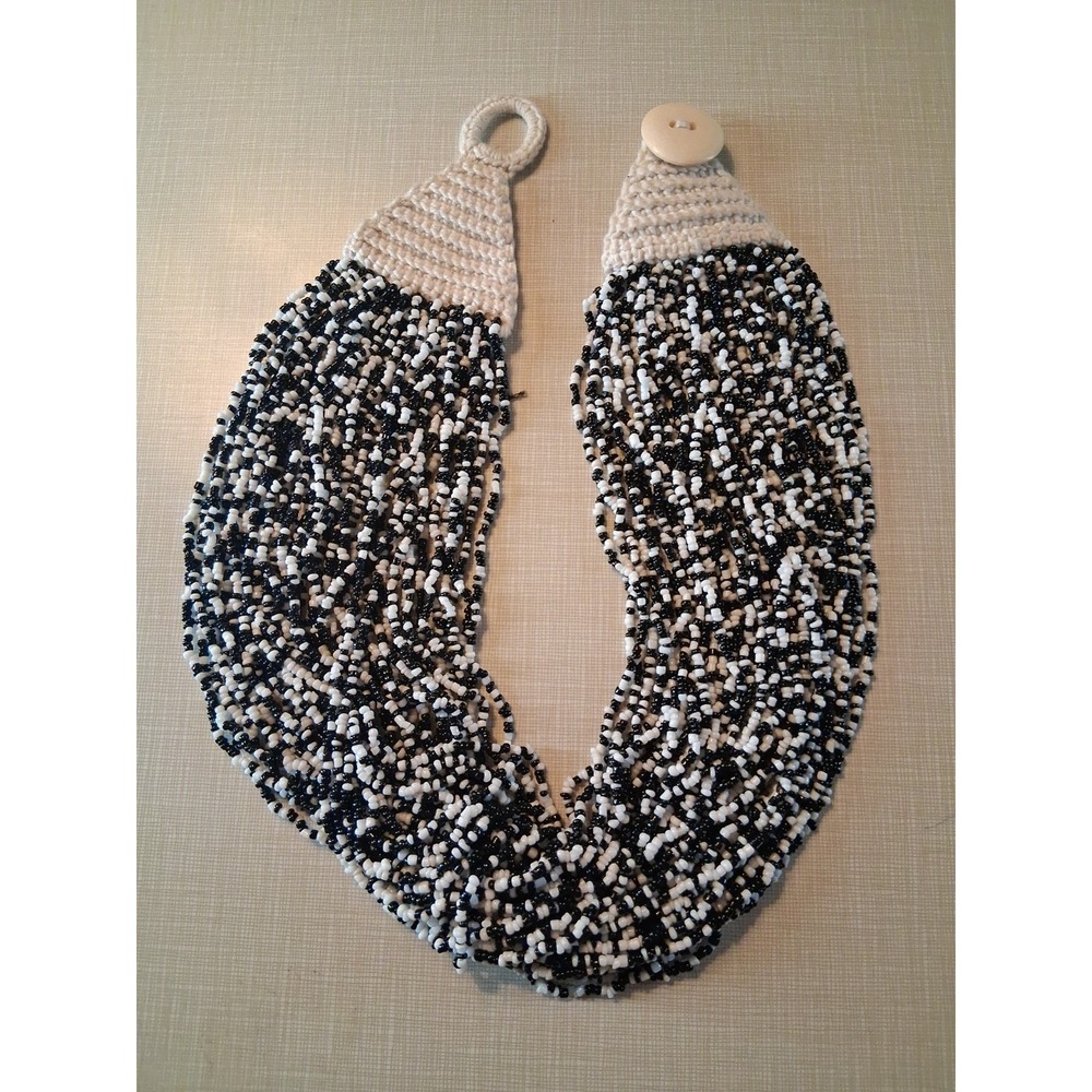 Vintage African Tribal Multi Strand Glass Seed Bead Necklace Black White Collar
